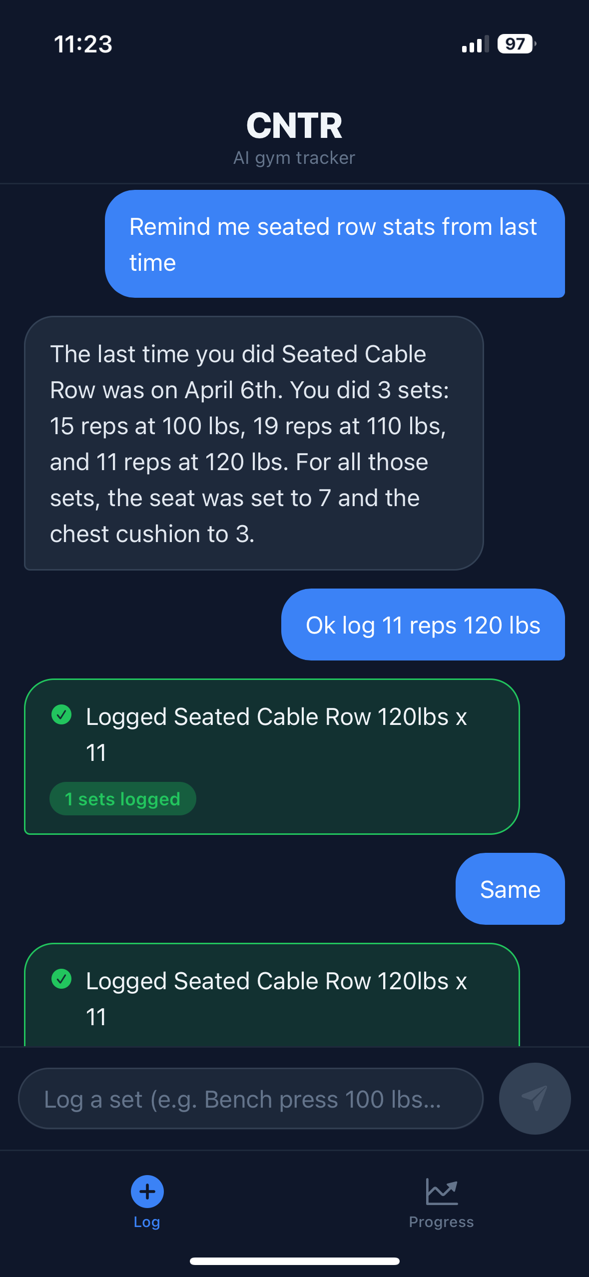 CNTR chat: user asks for last seated row stats, AI recalls 3 sets with seat and chest pad settings, then logs a new set